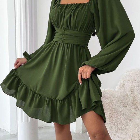 Knot Back Lantern Sleeve Ruffle Hem Dress - Picture 1 of 5